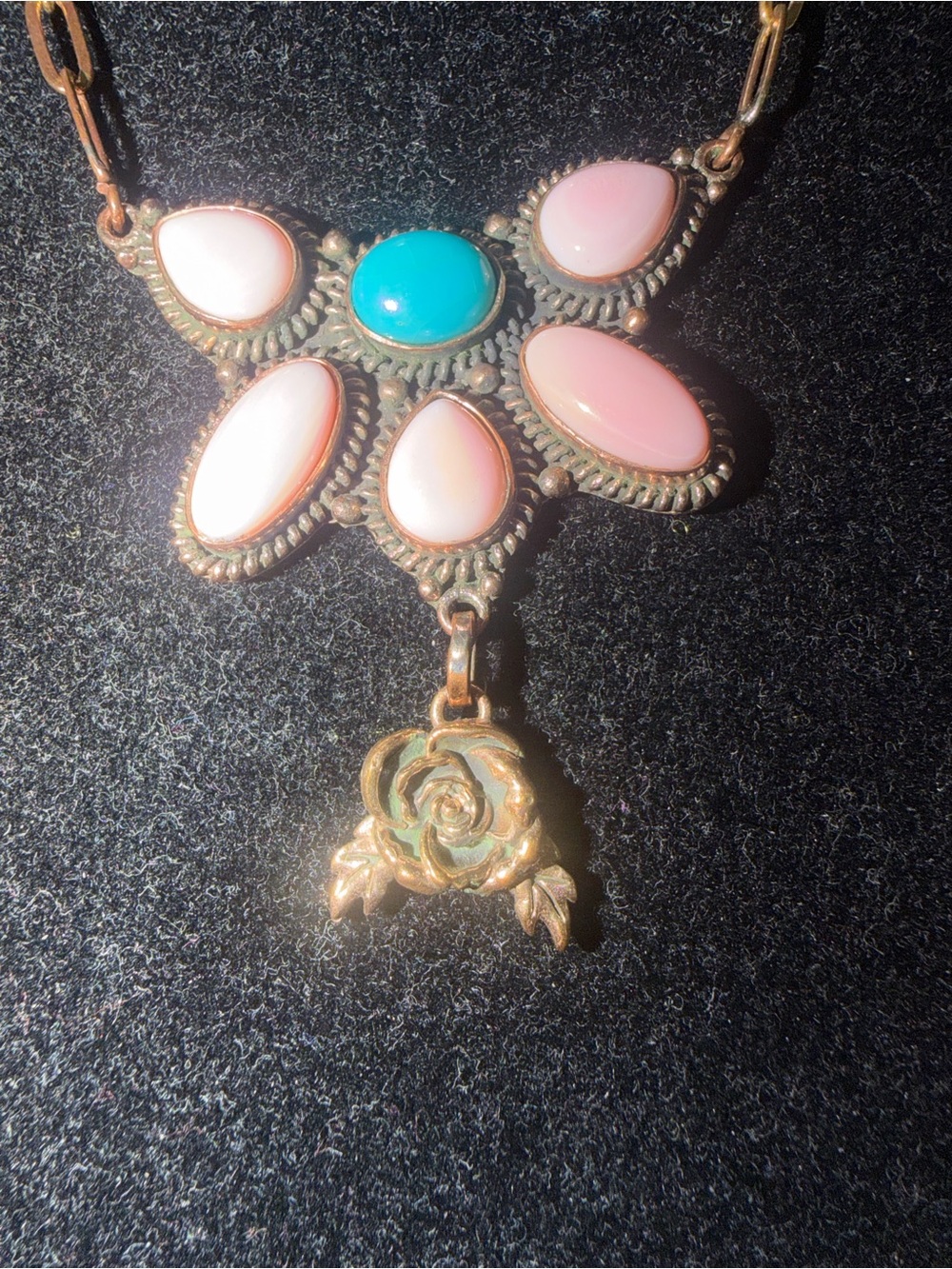 Genuine Pink Conc & Turquoise Floral Pendant Statement Copper Necklace - Picture 5 of 8